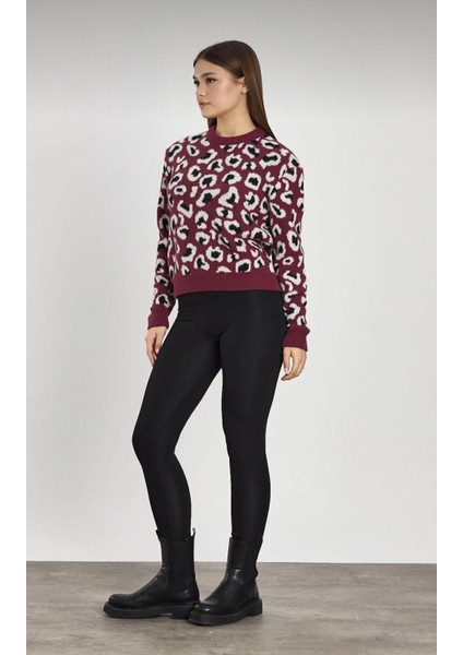 Leopar Detay Bordo Triko Kazak fırsatları