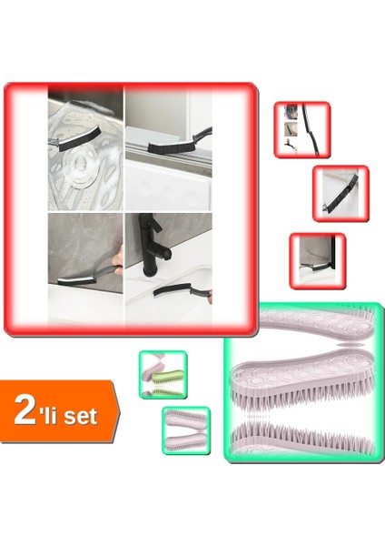 Banyo Mutfak Pencere Oluk Detay Ince Kıl Temizlik Fırçası + Temizlik ve Halı Fırçası - 2li Set W0Y8A
