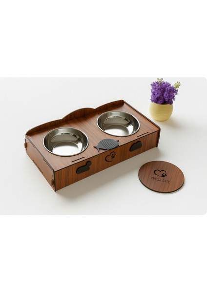 Ahşap Çift Bölmeli Kedi Köpek Mama ve Su Kabı – Paslanmaz Çelik, Kaymaz Taban, Yükseltilmiş Stand, Dekoratif Tasarım fiyatları