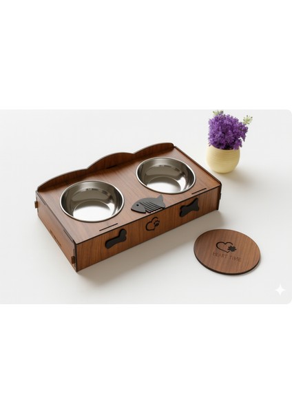 Ahşap Çift Bölmeli Kedi Köpek Mama ve Su Kabı – Paslanmaz Çelik, Kaymaz Taban, Yükseltilmiş Stand, Dekoratif Tasarım modelleri