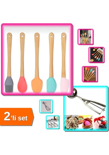 5 Adet Renkli Silikon Spatula 21 cm + Karpuz Dondurma Kaşığı Seti - 2li Set Q9C0K0