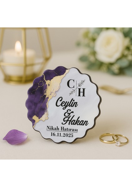 50 Adet Epoksi-Mermer Görünümlü Kişiye Özel Ahşap Magnet – Mor - Nikah & Düğün Hediyeliği