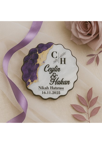 50 Adet Epoksi-Mermer Görünümlü Kişiye Özel Ahşap Magnet – Mor - Nikah & Düğün Hediyeliği fiyatları