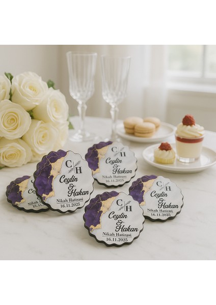 50 Adet Epoksi-Mermer Görünümlü Kişiye Özel Ahşap Magnet – Mor - Nikah & Düğün Hediyeliği modelleri