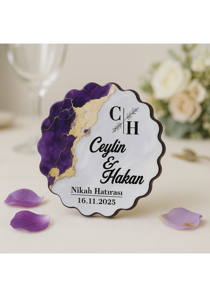 50 Adet Epoksi-Mermer Görünümlü Kişiye Özel Ahşap Magnet – Mor - Nikah & Düğün Hediyeliği indirimleri
