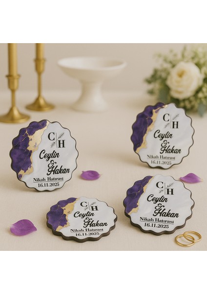 50 Adet Epoksi-Mermer Görünümlü Kişiye Özel Ahşap Magnet – Mor - Nikah & Düğün Hediyeliği