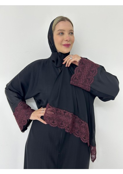 Bordo Dantelli Şallı Abaya Standart (38--44)