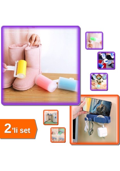 Tüy ve Toz Toplama Rulosu + Duvar Tipi Telefon Şarj Standı - 2li Set R4T7H0