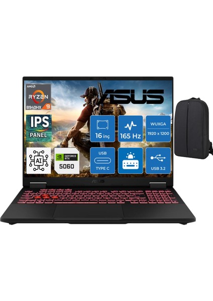 Tuf Gaming A16 FA608PM Amd Ryzen 9 8940HX RTX5060 (8gb) 115W 165HZ 16GB Ram Ddr5 512GB SSD 16''wuxga IPS Panel WINDOWS11 RV009W & Cimete Çanta