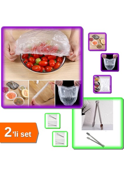 100 Adet Lastikli Tazeliği Koruyan Tabak Bonesi + Paslanmaz Mutfak Maşası 27 cm - 2li Set JZEJ74