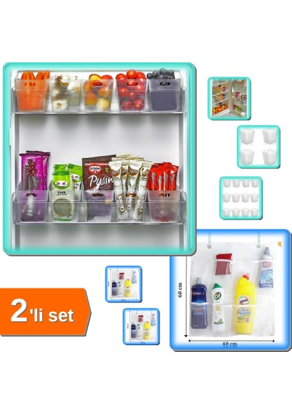 12 Adet Mini Buzdolabı Içi Düzenleyici + 8 Cepli Askılı File Mutfak Banyo Organizer - 2li Set E6Y8E3
