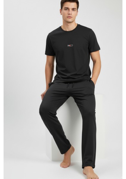 %100 Pamuk Penye Süprem Erkek 2'li Pijama Takımı Koyu Antrasit Kısa Kol Cep Ipli Relax Fit Düşük Pil Gücü