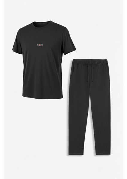 %100 Pamuk Penye Süprem Erkek 2'li Pijama Takımı Koyu Antrasit Kısa Kol Cep Ipli Relax Fit Düşük Pil Gücü