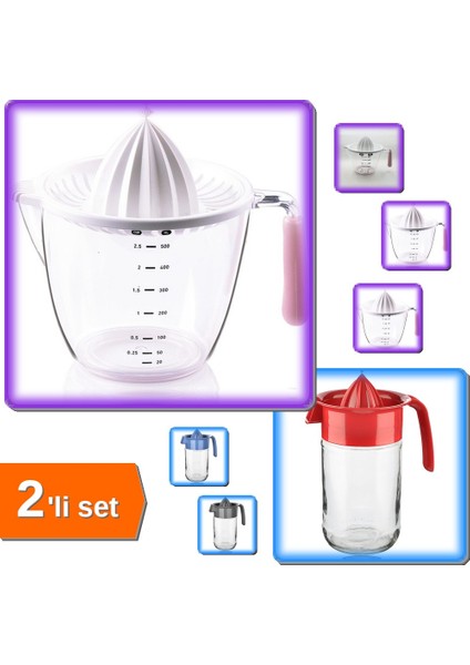 Ölçme Kabı - Ölçülü Narenciye Sıkacağı 1000 ml + Sürahi Tipi Cam Narenciye Sıkacağı 660 ml - 2li Set