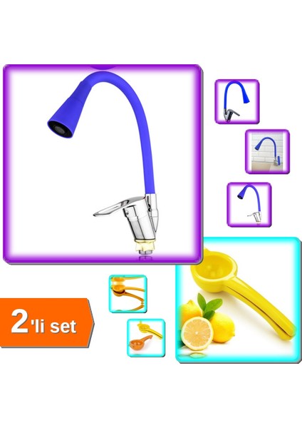 Oynar Başlıklı Çelik Spiral Üzeri Silikon Mavi + Limon Sıkacağı Limonatör Plastik - 2li Set X8Z0K6