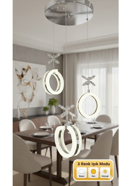 Alya 3lü Avize 3 Renk LED Secenekli Salon Oturma Odası Avize