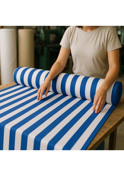 Mavi Beyaz Su Geçirmez Halkalı Bağcıklı Balkon Perdesi Branda