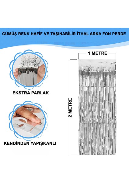 Gümüş Renk Ekstra Metalize Parlak Saçaklı Arka Fon Perde Ithal A Kalite 1x2 Metre