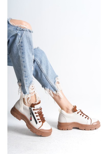Naritha Fermuarlı & Bağcıklı Ortopedik Kadın Krem Taba Sneaker