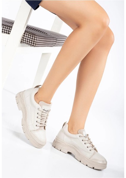 JANE Bağcıklı Ortopedik Kadın Sneaker Spor Ayakkabı - Krem