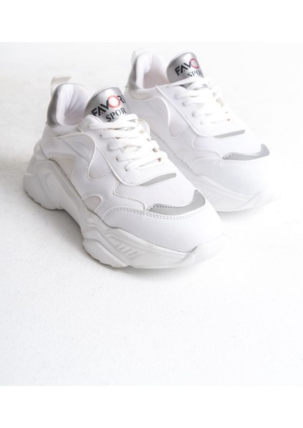 Flexstep Ortopedik Tabanlı Triko Spor Ayakkabı Beyaz Gümüş