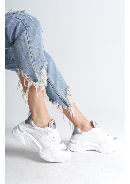 Flexstep Ortopedik Tabanlı Triko Spor Ayakkabı Beyaz Gümüş