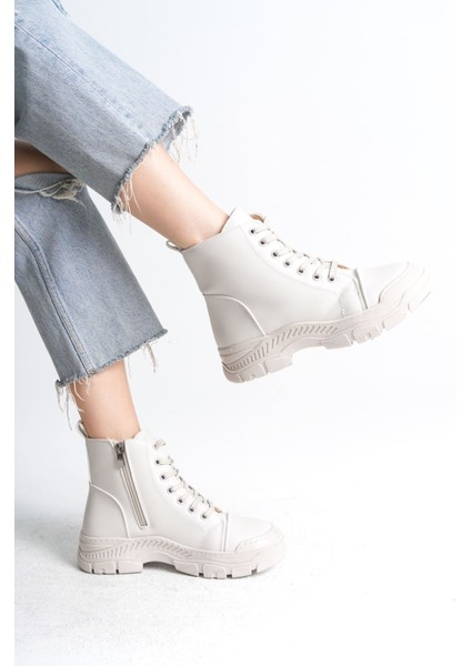 Sulina Bağcıklı Fermuarlı Ortopedik Taban Kadın Bot - Krem