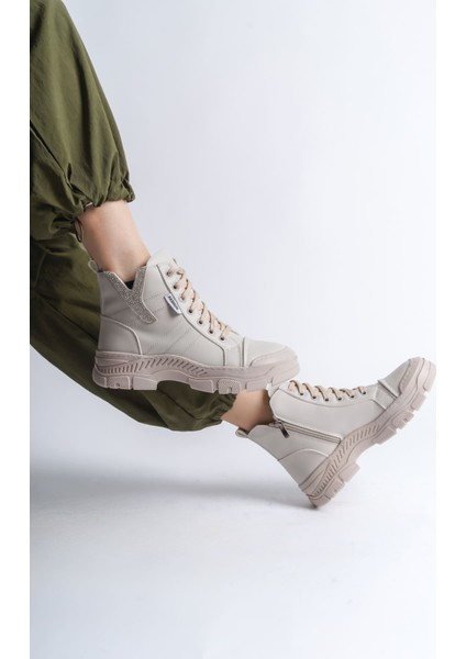 AMBER Bağcıklı Fermuarlı Ortopedik Taban Kadın Bot - Krem