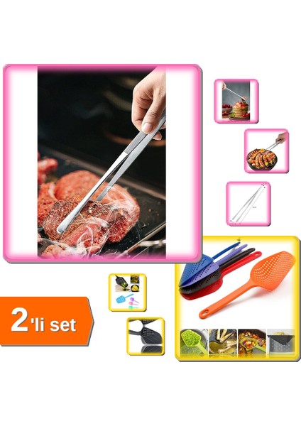 Pratik Et Kızartma Maşası Pişirme Cımbızı + Süzgeçli Kepçe - 2li Set H3N6B7