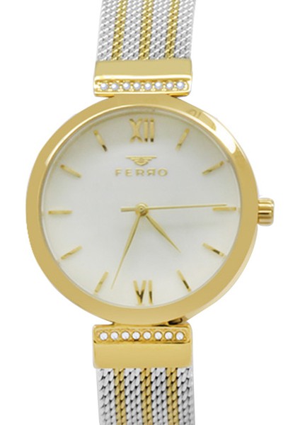 Ferro Altın Gümüş Renk Hasır Kordonlu Kadın Kol Saati TH-F21209C-D