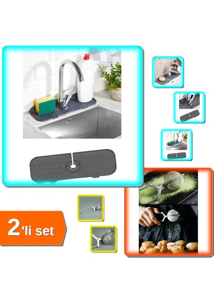 Esnek Musluk Lavabo Matı Su Tutucu + Paslanmaz Çelik Bitki Çayı Demleme Süzgeci - 2li Set V4U9Z0