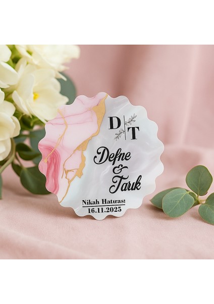 50 Adet Epoksi-Mermer Görünümlü Kişiye Özel Ahşap Magnet – Pembe - Nikah & Düğün Hediyeliği