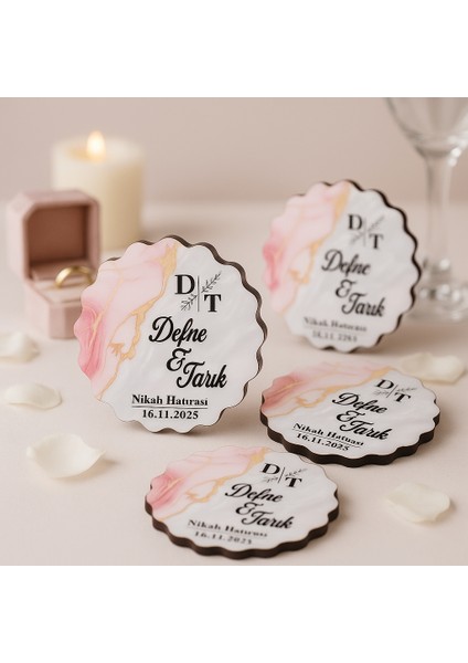50 Adet Epoksi-Mermer Görünümlü Kişiye Özel Ahşap Magnet – Pembe - Nikah & Düğün Hediyeliği