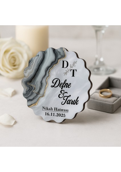 50 Adet Epoksi-Mermer Görünümlü Kişiye Özel Ahşap Magnet – Gri - Nikah & Düğün Hediyeliği