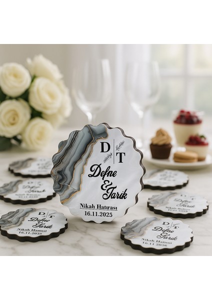 50 Adet Epoksi-Mermer Görünümlü Kişiye Özel Ahşap Magnet – Gri - Nikah & Düğün Hediyeliği fiyatları