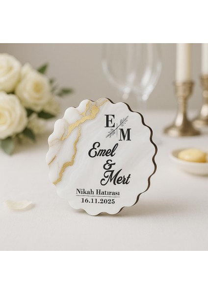 50 Adet Epoksi-Mermer Görünümlü Kişiye Özel Ahşap Magnet – Krem, Doğal - Nikah & Düğün Hediyeliği