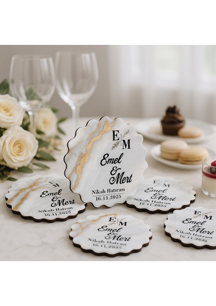 50 Adet Epoksi-Mermer Görünümlü Kişiye Özel Ahşap Magnet – Krem, Doğal - Nikah & Düğün Hediyeliği fiyatları