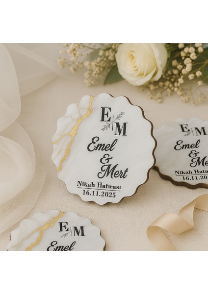 50 Adet Epoksi-Mermer Görünümlü Kişiye Özel Ahşap Magnet – Krem, Doğal - Nikah & Düğün Hediyeliği