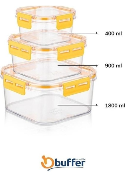 Buffer® 3'lü Pratik Silikon Contalı Sızdırmaz Kapaklı Sağlam Istiflenebilir Saklama Kapları