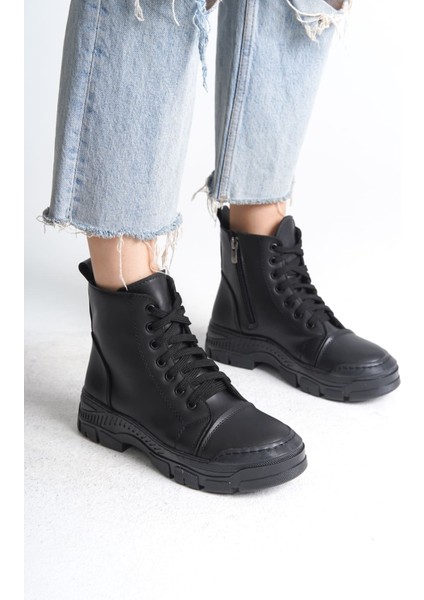 Sulina Bağcıklı Fermuarlı Ortopedik Taban Kadın Bot - Siyah