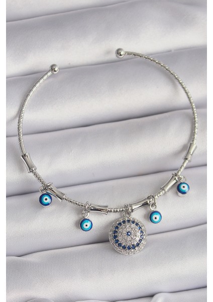 Pirinç Gümüş Renk Sallantı Zirkon Taşlı Nazar Boncuk Figür Charm Bileklik - TJ-BB6558