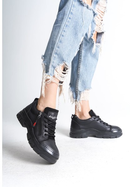 Naritha Fermuarlı & Bağcıklı Ortopedik Kadın Siyah Sneaker