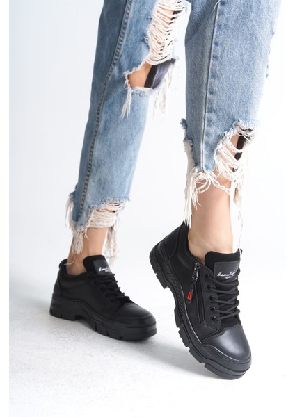 Naritha Fermuarlı & Bağcıklı Ortopedik Kadın Siyah Sneaker