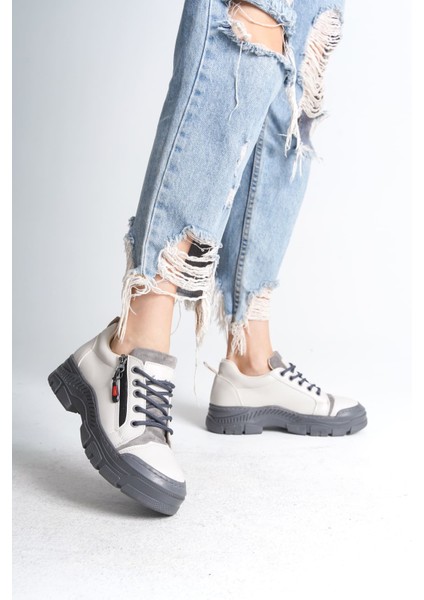 Naritha Fermuarlı & Bağcıklı Ortopedik Kadın Krem Sneaker