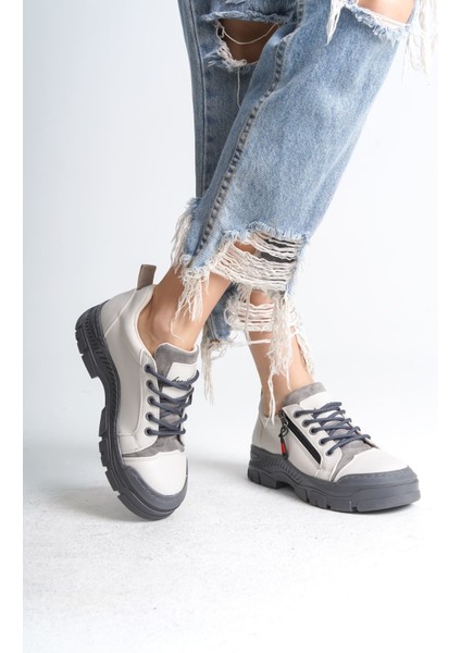 Naritha Fermuarlı & Bağcıklı Ortopedik Kadın Krem Sneaker