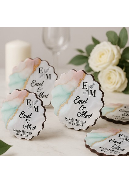 50 Adet Epoksi-Mermer Görünümlü Kişiye Özel Ahşap Magnet – Pastel - Nikah & Düğün Hediyeliği fiyatları