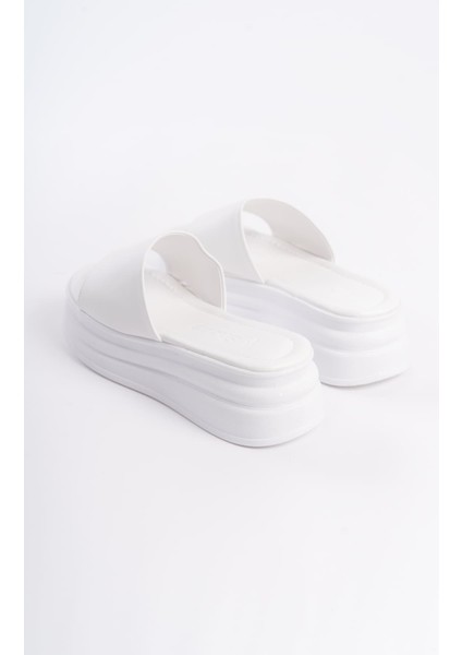 Alıcex Dolgu Topuklu Kalın ve Ortopedik Taban Kadın Terlik - Beyaz