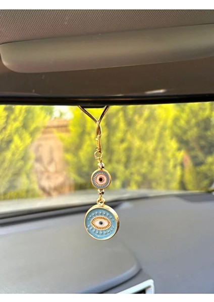 Yaldizli Açik Mavi Metal Yuvarlak Nazar Boncuklu Araba Ayna Süsü Araba Nazarlik Nazar Korumasi