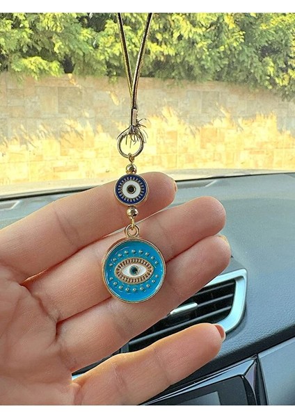 Yaldizli Açik Mavi Metal Yuvarlak Nazar Boncuklu Araba Ayna Süsü Araba Nazarlik Nazar Korumasi modelleri