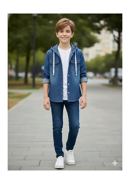 5-9 Yaş Arası Erkek Çocuk Kapşonlu Kot Ceket Mavi